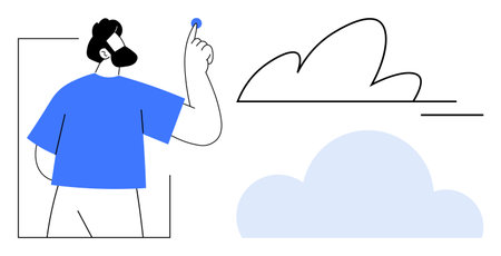 Cloud computing, innovation, digital connectivity, modern technology, future concepts, data exchange. A man interacts with stylized clouds. Cloud computing and innovation ideaのイラスト素材