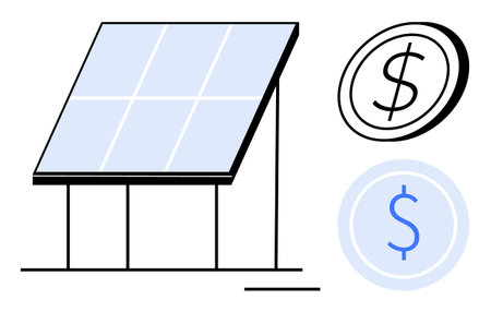 Renewable energy, green technology, sustainability, cost efficiency, solar investment, environmental savings. Solar panel and dollar symbols. Renewable energy and green technology conceptのイラスト素材