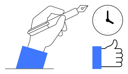 Time management concept. Clock, hand holding pen, and thumbs-up time utilization, task prioritization, and productivity. Time management for personal goals or professional work. Planning, taskのイラスト素材