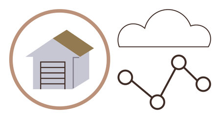 Warehouse icon within a circle, cloud outline, and data flowline. Ideal for logistics, cloud storage, IoT, inventory management, data transfer analytics innovation tools. Simple flat metaphorのイラスト素材