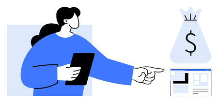 Person using tablet and pointing towards money bag and financial dashboard, symbolizing digital finance, business strategy, revenue generation, and online growth. Ideal for fintech conceptsのイラスト素材