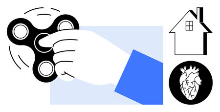 Stress relief, relaxation, mental focus, mindfulness, health education, home activities. Hand spinning a fidget spinner next to a heart and house illustration. Stress relief and relaxation conceptのイラスト素材