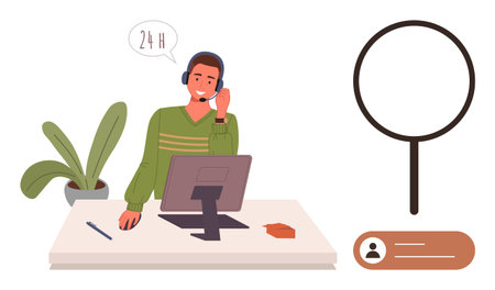 Office worker with a headset using a computer, magnifying glass, user profile, and speech bubble. Ideal for customer service, 24-hour assistance, communication, efficiency, digital support teamworkのイラスト素材