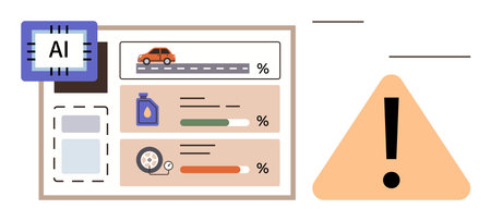 AI system monitoring car data, displaying fuel, tire pressure, and maintenance needs with exclamation alert. Ideal for technology, automotive, data analysis, efficiency, AI safety diagnosticsのイラスト素材