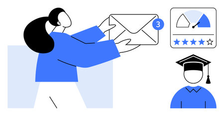 Email notification. A person receives an email highlighted with a notification badge. Educational achievements with a graduate icon and star rating. For education, email communication, e-learningのイラスト素材