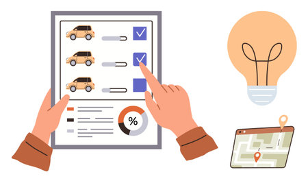 Hand selecting a car on a checklist, accompanied by location map and light bulb. Ideal for decision-making, innovation, technology, navigation, business, strategy and transportation. Simple flatのイラスト素材