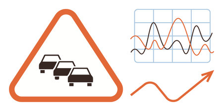 Traffic sign with cars indicating congestion next to a growing data graph and trends curve. Ideal for transportation, urban planning, analytics, progress, research, traffic, management. Simple flatのイラスト素材