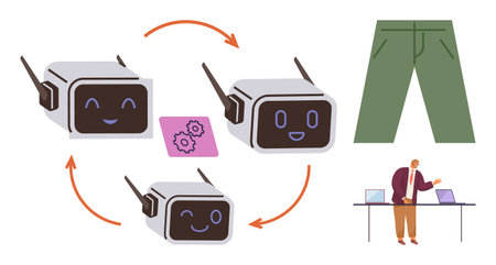 Friendly chatbots cycling between expressions, human at work desk, pants illustration, and gear...
