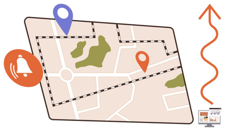 Map layout with streets, green areas, location markers, route paths, notification icon, and device...