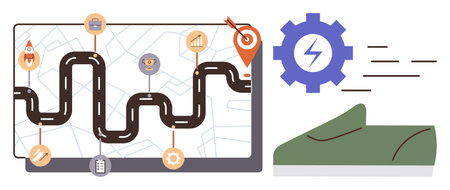 Roadmap with icons showing milestones, target marker on map, large moving gear, and running shoe. Ideal for business planning, goals, progress, productivity strategy efficiency success. Simpleのイラスト素材