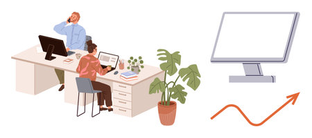 Office colleagues working at desks with computers, surrounded by a potted plant and office decor. Monitor and rising graph symbolize productivity, growth, and workplace collaboration. Idealのイラスト素材
