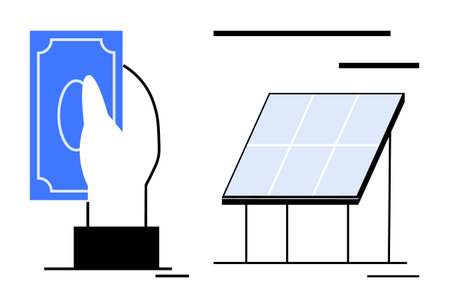 Sustainability, financing, renewable investments, eco-business growth, environmental conservation, green economy. Hand holding currency with solar panel. Sustainability and financing conceptsのイラスト素材