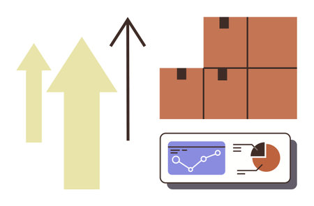 Boxes in storage with upward arrows, a graph, and pie chart illustrating growth, productivity, and logistics. Ideal for business, economy, finance, shipping digital strategy analytics simple flatのイラスト素材