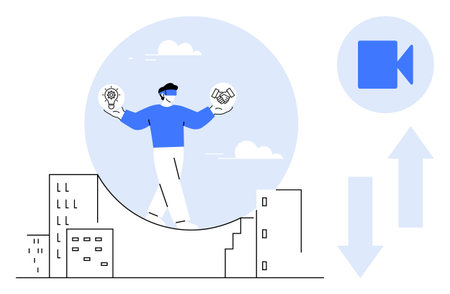 Teamwork, innovation, virtual reality, business solutions, remote collaboration, digital tools. Person balancing lightbulb and handshake icons with city buildings and VR headset. Innovationのイラスト素材