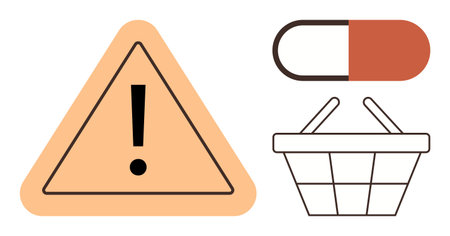 Bold exclamation mark in a triangle, red pill, and shopping basket conveying health warnings,...