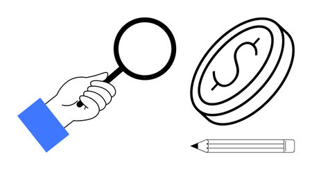 Financial analysis, business strategy, research, education, learning tools, economic concepts. A hand holds a magnifying glass near a coin and pencil. Financial analysis and business strategy conceptのイラスト素材