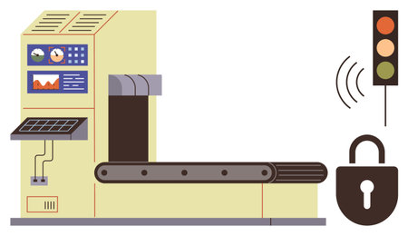 Conveyor belt beside control panel and security indicators, with lock and traffic signal. Ideal for...