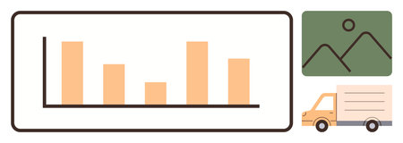 Bar chart analysis, logistics truck, and photo thumbnail representing data management, shipment...