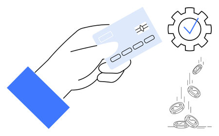E-commerce, online payments, financial management, fintech, secure transactions, payment processing. Hand holding a credit card, gear with checkmark and falling coins. E-commerce and online paymentsのイラスト素材