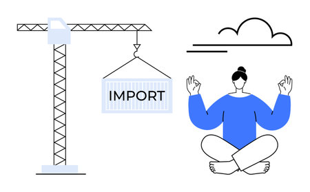 Global trade, mindfulness, import export logistics, work life balance, commerce, meditation. Crane lifting an import container, person meditating beneath a cloud. Global trade and mindfulnessのイラスト素材