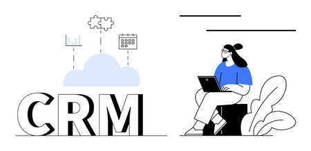 CRM concept. CRM system connecting cloud technology, data analysis, and scheduling. CRM enhances remote work efficiency with streamlined processes. For business management, productivityのイラスト素材