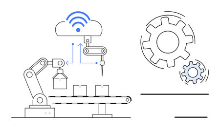 Industry 4.0, smart factories, automation, cloud systems, manufacturing technology industrial IoT. Robotic arm on assembly line cogs and cloud. Automation and Industry 4.0 conceptsのイラスト素材