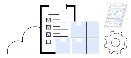 Clipboard checklist with marked tasks beside stacked boxes, analytics report, and gear icon. Ideal for productivity, logistics, planning, efficiency, supply chain, inventory simple flat metaphorのイラスト素材