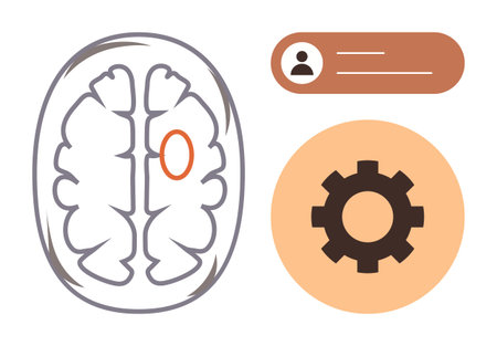 Brain diagram with marked area represents cognitive focus user profile and gear icon symbolize...