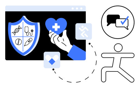 Shield with medical icons, hand holding a heart, running figure, and chat symbol with checkmark....