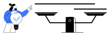 Creativity, innovation, problem-solving, decision-making, balance, growth concepts. Person holding light bulb pointing to scales. Creativity and innovation visualization balance and progressのイラスト素材