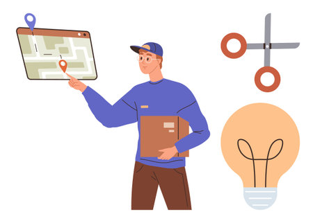 Courier holding package pointing at digital map for navigation. Scissors and lightbulb represent creativity, resourcefulness, and problem-solving. Ideal for delivery, logistics, route planningのイラスト素材