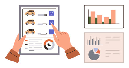 Hands reviewing car options on checklist tablet with tick marks and percentage graph. Nearby bar and pie charts display analytical data. Ideal for decision-making, data review, research, projectのイラスト素材