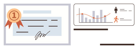 Certificate with a gold medal beside a performance analytics dashboard featuring graphs and icons....