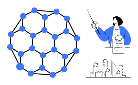 Molecule model and scientist holding a pointer and paper alongside minimalistic cityscape sketch....