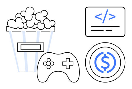 Entertainment, gaming, coding, digital investment, e-commerce, technology. Popcorn, gaming...