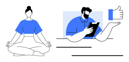 Personal growth, mindfulness, workplace productivity, stress management, mental health, performance evaluation. Woman meditating and man reviewing notes with thumbs-up symbol. Mindfulnessのイラスト素材