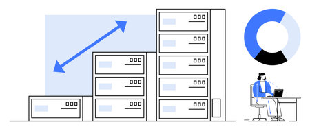 Data storage concept. Server stacks data growth, charts analytics, and professional at work managing...