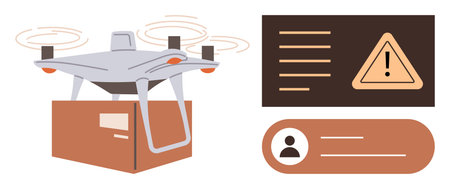 Delivery quadcopter flying with a package, safety alert icon, and user profile interface. Ideal for...