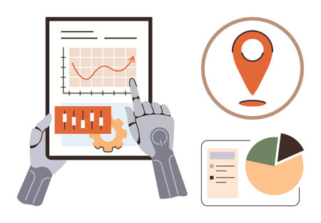 Robotic hands holding tablet with data graph, slider control, cogwheel, and location pin. Pie chart and document nearby. Ideal for analytics, AI, automation, technology data science roboticsのイラスト素材