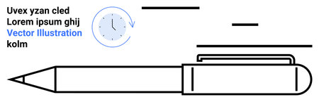 Business tools, productivity, time management, office supplies, creative design, organization. Linear black pen next to a circular clock design. Productivity and time management conceptのイラスト素材