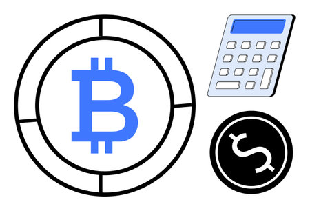 Cryptocurrency, digital finance, accounting, budgeting, blockchain, economic analysis. Bitcoin emblem, calculator dollar sign. Cryptocurrency and digital finance concept showing tools for economicのイラスト素材
