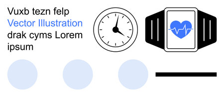 Healthcare, time management, fitness tracking, remote monitoring, wellness apps, medical tools. Smartwatch with heart icon, clock and text elements. Healthcare and fitness tracking conceptのイラスト素材