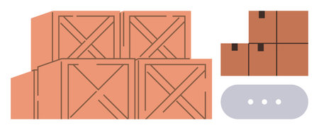 Stacked wooden crates, grouped cardboard boxes, and a conveyor belt representing logistics, storage,...