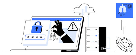 Laptop showing a locking screen, keys in a hand, cloud, database, warning icon. Ideal for...