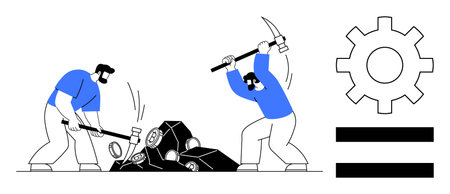 Two workers breaking rocks with tools, a gear and equal bars symbolizing labor, teamwork, justice,...