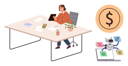Woman seated at desk holding tablet with office items adjacent elements show AI robot streamlining financial tasks and a dollar sign symbol. Ideal for business, finance, productivity, workplaceのイラスト素材