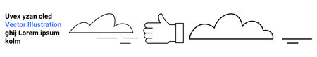 Weather, approval, digital design, cloud computing, teamwork, and communication. Minimalistic outline of clouds and a thumbs-up hand gesture. Weather and approval conceptsのイラスト素材