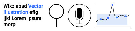 Data visualization, audio analysis, search tools, communication, technology, information management. icons for a magnifying glass, microphone and a line graph. Data visualization and audio analysisのイラスト素材