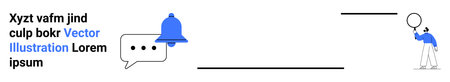 Speech bubble with dots, blue notification bell, and figure holding a balloon convey interaction,...