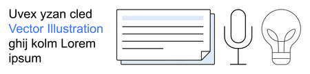Creative design, media production, innovation, content creation, communication, idea generation. Minimal line drawings of a document, microphone and lightbulb. Creativity and communication conceptのイラスト素材